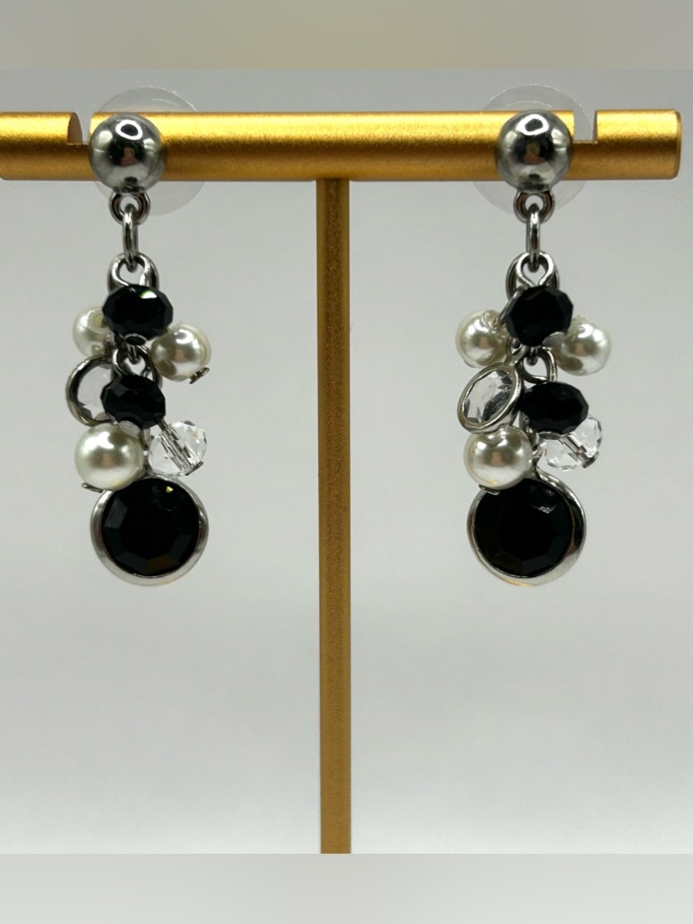 Black Crystal & Pearl Cluster Drop Earrings Silver Tone Chic